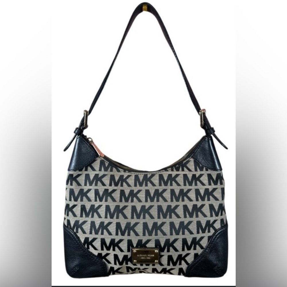•MICHAEL KORS•BLACK & TAN MK MONOGRAM SHOULDER BAG